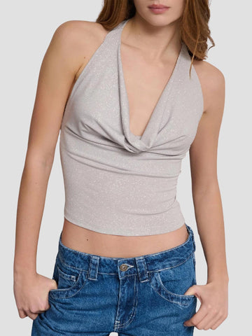TOP LUREX SCOLLO A CAPPUCCIO AUREVOIR-LX SILVER SUITE BENEDICT 