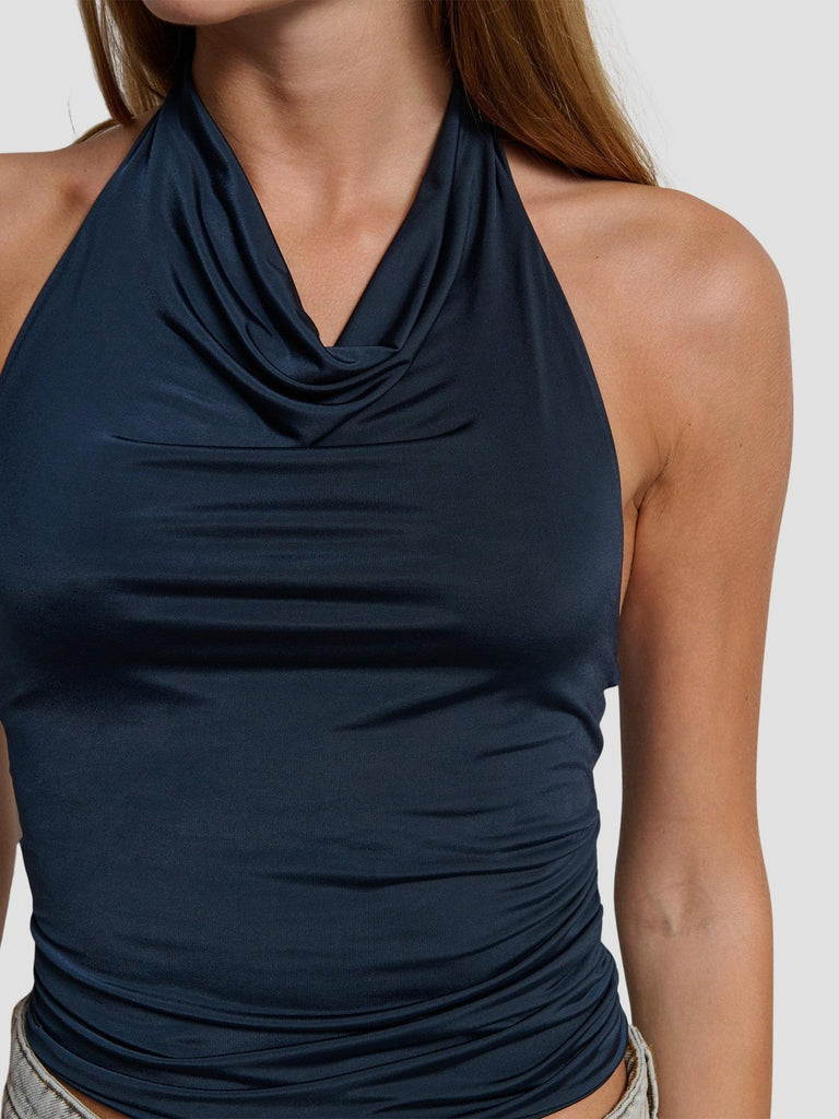 TOP SCOLLO CAPPUCCIO IN TESSUTO ELASTICO ABACO BLU NAVY SUITE BENEDICT 