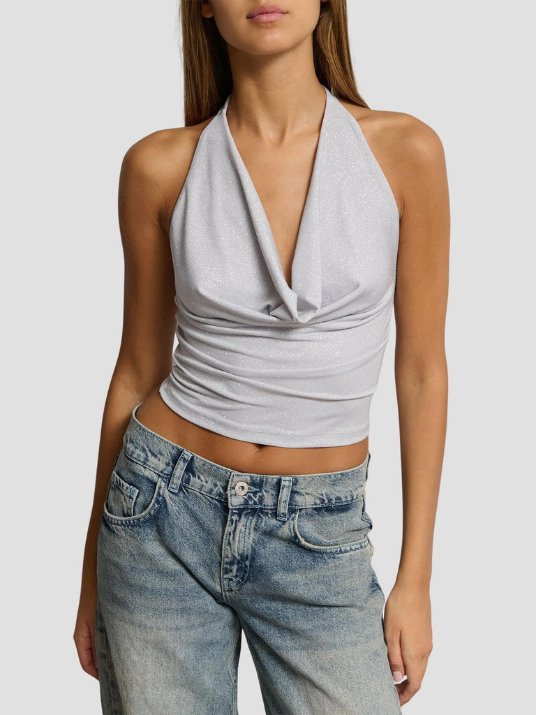 TOP LUREX SCOLLO A CAPPUCCIO AUREVOIR-LX252 SILVER SUITE BENEDICT 