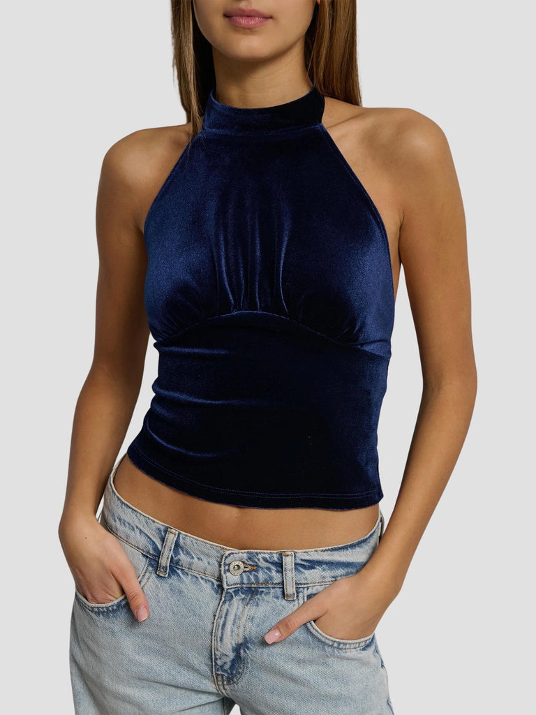 TOP SCOLLO HALTER IN VELLUTO AVION BLU NAVY SUITE BENEDICT 