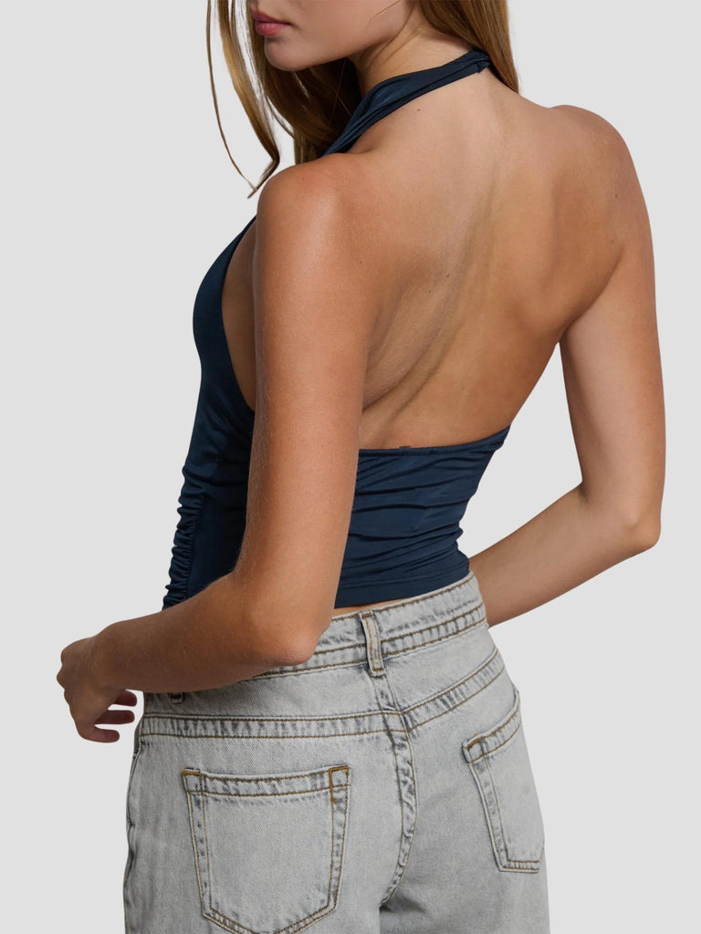 TOP SCOLLO CAPPUCCIO IN TESSUTO ELASTICO ABACO BLU NAVY SUITE BENEDICT 