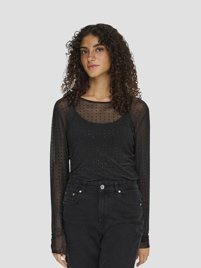 ONLHILEN LS RHINESTONE MESH TOP WVN 15358317 BLACK ONLY 
