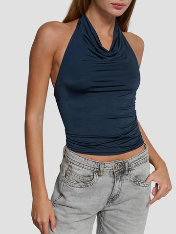 TOP SCOLLO CAPPUCCIO IN TESSUTO ELASTICO ABACO BLU NAVY SUITE BENEDICT 