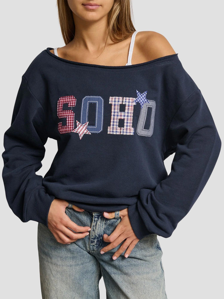 FELPA OFFSHOULDER SCRITTA PATCHWORK KAMAYA-SOHO DK NAVY SUITE BENEDICT 