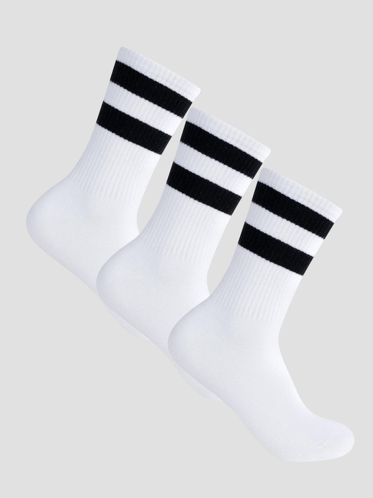 3PCS CREW SOCKS GRO1016 WHITE BLACK GROOVE 