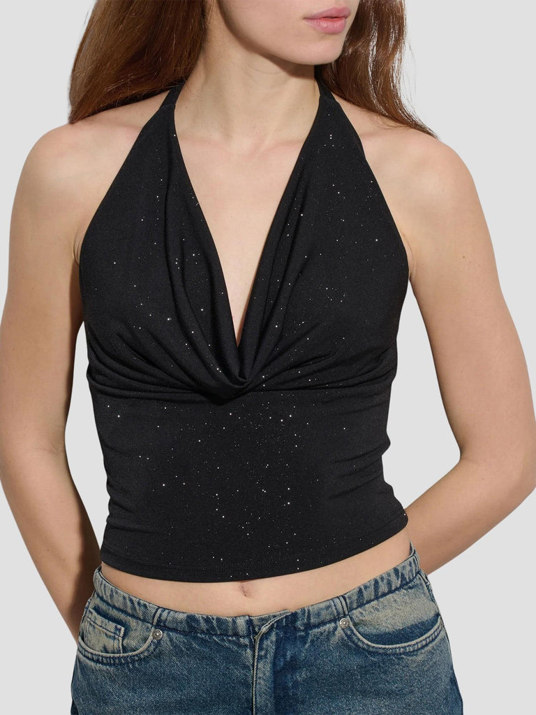 TOP LUREX SCOLLO A CAPPUCCIO AUREVOIR-LX252 NERO SUITE BENEDICT 