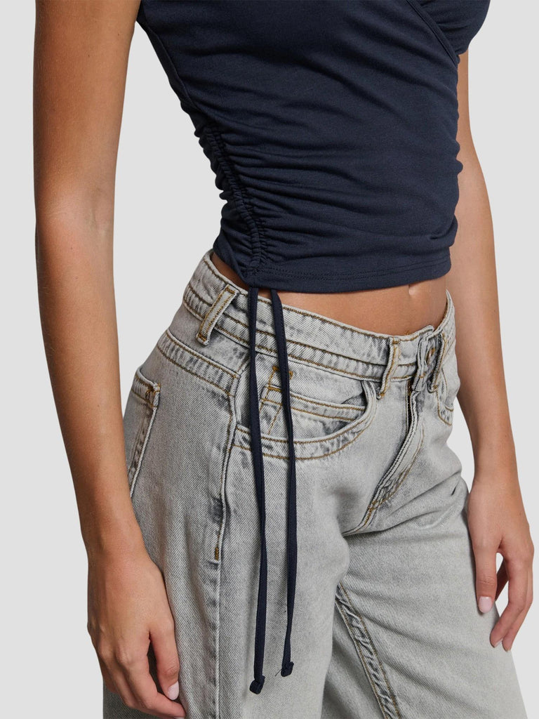 TOP MANICA CORTA CON SCOLLO INCROCIATO E ARRICCIATURA SUI FIANCHI GRISOU-MC BLU NAVY SUITE BENEDICT 