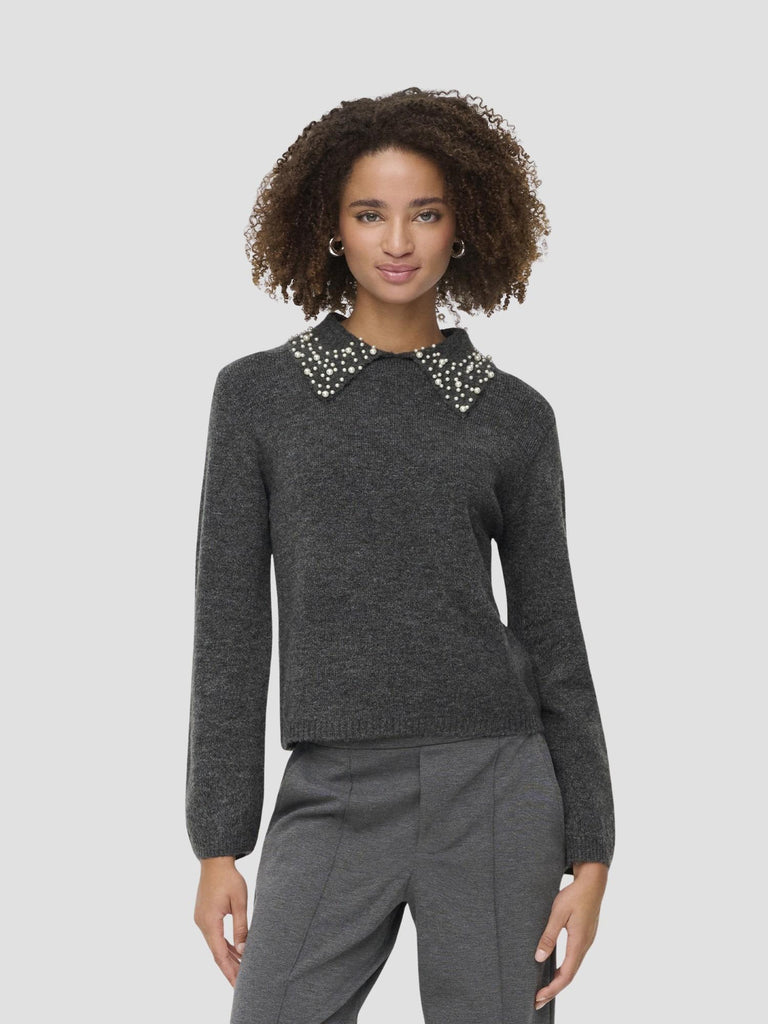 JDYAUBRAY LIFE L/S PEARL COLLAR PULL KNT 15359787 DARK GREY MELANGE JACQUELINE DE YONG 