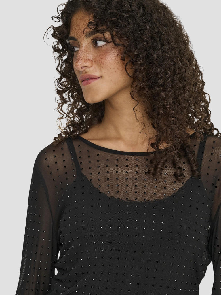 ONLHILEN LS RHINESTONE MESH TOP WVN 15358317 BLACK ONLY 